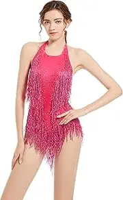 [YUANTONG] Rose Red Rhinestone Bodysuits Sparkly Drag Queen Costume Latin Fringe Leotard