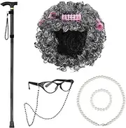 ADXCO 6 Pieces 100 Days of School Old Lady Wig Party Costume Cosplay Set Cane Curling Irons Cat Eye Glasses Necklace Bracelet