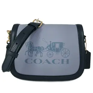 COACH 烙印大馬車LOGO撞色皮革翻蓋馬鞍斜背包(霧霾藍)