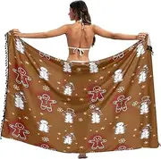 [RPLIFE] Cute Snowman Gingerbread Cookies Brown Sarong Beach Swimsuit Cover Up, Summer Long Sarong Coverups Women, Large, Cute Snowman Gingerbread Cookies Brown, Large