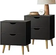 OIKITURE 2 Piece Bedside Table with 2 Drawers - Wooden Nightstand Cabinet with Storage, Modern End Table Bedside Table Furniture for Bedroom Living Room Garden Balcony, Black