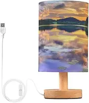 [ZRYSMY] Lake Sunset Landscape Table Lamp with USB Port for Living Room Nightstand Lamp with Linen Fabric Shade Small Bedside Lamps for Bedroom, Dorm, Office (LED Bulb Included)
