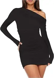 [Generic] Women's Sexy Off Shoulde Long Sleeve Side Ruched Mini Bodycon Casual Club Party Cocktail Night Out Elegant Dresses