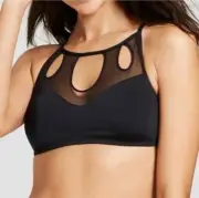 New Mossimo Swim Suit Mesh High Neck Black Strappy Padded Bikini Top Size Medium