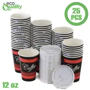 12oz Design Coffee Cups and White Flat Lids Hot Cold Drinks Disposable 25pcs
