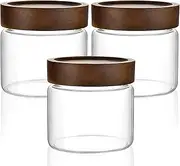 MOLADRI 3 Pack 17 oz/500ml Clear Glass Storage Canister with Airtight Wooden Screw On Lid, Small Cute Decorative Glass Container Jar Set for Coffee, Candy, Cookie, Condiment, Pepper, Sugar, Oatmeal