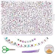 1200 Pieces 4x7mm Alphabet Beads White Round Acrylic Colorful Letter Beads A-Z Heart Pattern Beads and Crystal Line for Jewelry Making Bracelets Necklaces Key Chains (Colorful Heart)