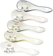 Mozacona 5pcs Ceramic Soup Spoons Lucky Cat Hand Painted Dessert Spoons