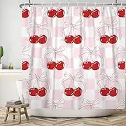 Red Bow Cherry Bow Bathroom Curtain 72x72 Inch,Cute Fruit Cherry and Pink White Plaid Shower Curtain for Kids Girls,Kawaii Bathroom Decor Accessories with Hooks 182.9Wx182.9L cm(1 Panels)