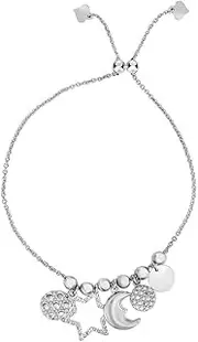 [JewelryWeb] 925 Sterling Silver Star Celestial Moon 3 round Disk 6 bead Cable Chain Bracelet Drawstring Clasp CZ 23 Centimeters Link-Bracelet for Women and Men