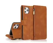 For iPhone 11 Case, Leather Zipper Purse Flip Cover Case with Card Slot Holder Wrist Strap Lanyard (Brown)
