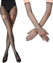 [Generic] Fishnet Stockings Thights Rhinestone Fishnets Mesh Stockings with Glitter Gloves Black Fishnet Gloves Rhinestone Gloves for Women Girls