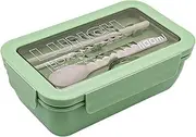 NUZAMAS Square Bento Box & Cutlery Fork Spoon, Leak Proof 2 compartments 1100ml Capacity, Light Green Color, Meal Prep Container Box for Adults Kids Students Office Microwave Safe