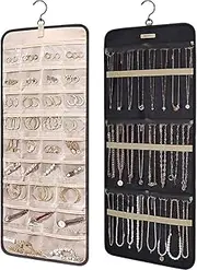[TOMVAES] Double Sides Hanging Jewellery Organiser with 48 Clear Pockets and 2 Wave-Shaped Hooks, Anti-tangle Earrings Necklace Holder Jewellery Hanger Storage Holder for Closet Wall Door Large