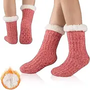 [Bodvera] Womens Warm Slipper Socks Winter Knit Fuzzy Cozy Thick Fleece Lined Socks with Grippers Thermal Home Socks
