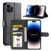 For Apple iPhone 14 Pro Case RFID Blocking Retro Flip Premium Leather Card Holder Wallet Cover – (Black)