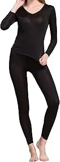 Womens Silk Thermal Underwear Set V Neck Mulberry Silk Long Johns Base Layer Top Bottom 2 Pcs Pajama Set