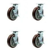 8 Inch Polyurethane Caster Set with Ball Bearings 4 Brake 2 Swivel Lock SCC