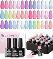 Beetles 24Pcs Gel Nail Polish Set, Pink Purple Pearl Pastel Blue Shimmer Chameleon Green Colors 2024 Gel Polish Kit, 3Pcs Base Gel Top Coat and Double-ended Brush Soak off UV Gel