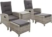 Gardeon Recliner Chairs 5 Piece Wicker Sun Lounger Reclining, Outdoor Lounge Setting Patio Furniture Bistro Set Garden, with Coffee Table Cushions Ottoman Adjustable Backrest Glass Tabletop Grey