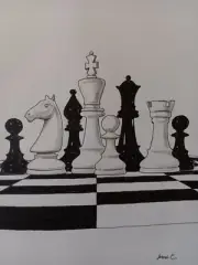 drawing in Ink of chess pieces artist Jerome Cadd title "Your Move"
