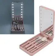 Portable Travel Makeup Brush Set with Case & Mirror, 5-Piece Complete Function Cosmetic Brushes with LED Illumination for Professional Makeup Application at Home