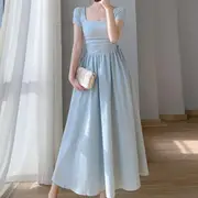Short-Sleeve Square Neck Plain Drawstring Maxi A-Line Dress White - XL