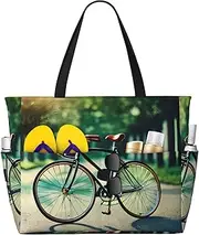[Ghjkfbf] Retro Bicycle Print Large Capacity Beach Travel Bag For Family, Beach Tote Bag For Women With Zipper Pockets, Black, One Size