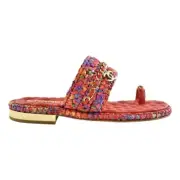 Chanel 20S Red Blue Purple Raffia Tweed CC Logo Mule Slide Strap Flat Sandal 36