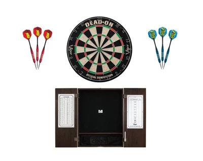 Bristle Dartboard + Espresso Steel Tip Cabinet + Red/Blue Darts Sets