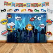Superheroes Theme Party Photography Backdrop with Prop, Flag & Mask. Super He...