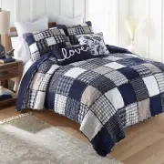 Donna Sharp Checkerboard Indigo Cotton Plaid Patchwork Queen Quilt Set Blue Tan