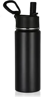 Volhoply 18oz Kids Insulated Water Bottle,530ml Stainless Steel Water Bottles with Straw Lid,Wide Mouth Reusable Metal Cups,Double Wall Vacuum Sports Travel Flask for Cold Drink(Black,1 Set
