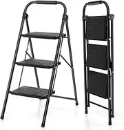 [Costway] 3 Step Ladder, Folding Step Stool w/ Padded Handgrip & Wide Anti-Slip Pedal, Lightweight Portable Metal Tool Ladder, 265 kg Capacity, Multi-Use Sturdy Ladder for Kitchen & Household (3 Step (Material: PE))