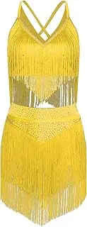 [TiaoBug] Women Salsa Latin Dance Outfit V-Neck Sleeveless Crisscross Back Fringe Crop Top with Tassels Skirt
