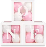 First Birthday Party Decorations 'ONE' Letters Three White Transparent Square Boxes with 26 Balloons Decor for 1 Year Old Birthday Party Decor Backdrop Favors