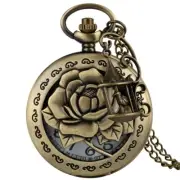 Classical Rose Flower Cover Hollow Quartz Analog Pocket Watch Sweater Necklace