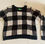 Apres Ski Sweater Knitted Round Neck Long Sleeve Plaid Black & White XL NWT