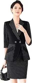 [Generic] Women 2 Piece Sets Black Stripe Double Breasted Blazer Jacket Coat Tops and Slim Pants Casual Sets