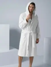 SEYANTE 100% Turkish Cotton Hooded Terry Bathrobe For Men Rice Weave Trim