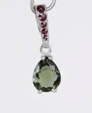 Faceted 9 mm MOLDAVITE Pear Cut with Garnet 925 Silver Pendant with COA
