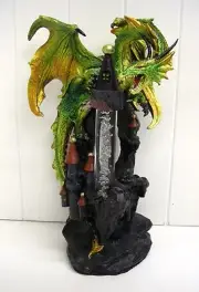 G71418 GREEN GOLD DRAGON CASTLE LED LIGHT STATUE DECORATION FIGURINE GSC FANTASY