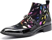 [Generic] Men's Party Ankle Boot Casual Metallic Pointed Toe Decoration Front Buckle Decoration Printed Convenient Double Zipper Formal Shoes Men's Leather Shoes