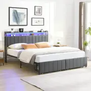 HOMFURN King Bed Frame with 2 Storage Drawers and LED Lights Headboard, Upholstered Bed Frame Queen Size with Charging Station, No Box Spring Needed, Easy Assembly - Grey