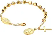 [Rofusn] Gold Cross Rosary Beads Bracelet, Stainless Steel Jesus Christ Crucifix Cross Wristband for Women Men Mothers Day Christmas Wedding, 7.48 inches (19 centimeters), Metal, other