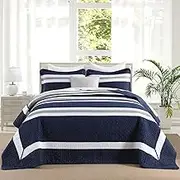 Finlonte Navy Bedspread Oversized King 120"x120" - 3 Pieces 100% Cotton Striped Bedspread Coverlet Set, Lightweight Quilted Bed Spread, Modern Oversized Queen Quilt with 2 Pillowshams, Navy/Gray/White