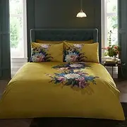 Appletree Ochre Floral Duvet Cover - Super King Size (260 x 220cm) - Soft Velvet Touch Yellow Bedding - 2 Pillowcases - Botanical Flower Design in Ochre