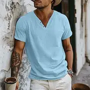 Men's Henley Shirt Tee Top Plain V Neck Street Vacation Short Sleeves V Neck Clothing Apparel Fashion Designer Basic