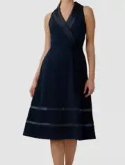 Adrianna Papell Women's Blue Sleeveless Midi Fit & Flare Tuxedo Dress Size 14