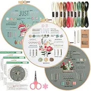 3 Sets Embroidery Kit for Beginners Adults,Easy to Learn 33 Different Stitches DIY Kits,Needlepoint Kits for Adult Hand Crafts Includes Stamped Flower Pattern,